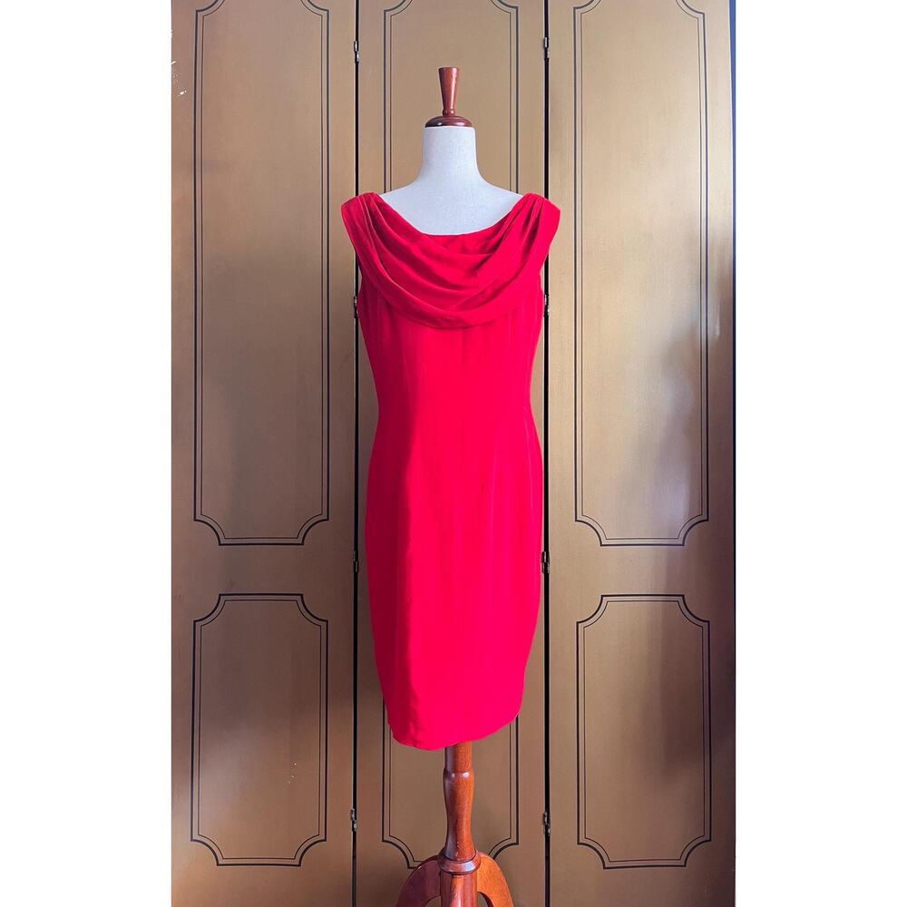 Vintage silk dress in red with waterfall neckline, size 10